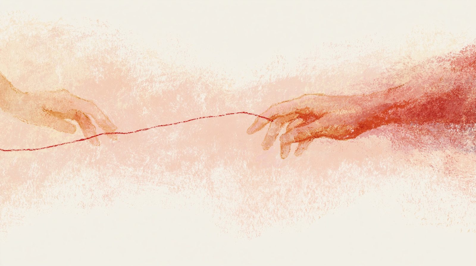 Two hands reaching toward each other, a single red thread drawn between them
